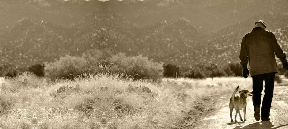 Dave and his dog Bugsy taking a walk in Placitas, NM